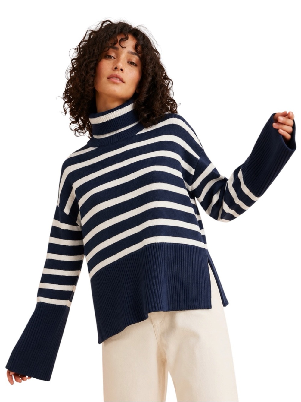 GAP 24/7 Navy Breton Stripe Cotton Turtleneck | Women’s Medium | Preppy Coastal